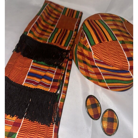 Kente Ghana African kufi Hat men or women. Scarf And Earrings Included. Set - Picture 2 of 12